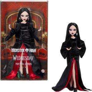 image:imageMonster High x Wednesday Doll Morticia Addams Collectible in Black and Crimson Velvet Dress with Jewelry ShowInspired Heels and Doll Stand