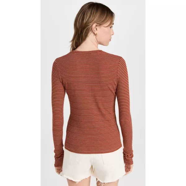 Vince Womens Rib Stripe Long Sleeve CrewCinnamon Blanc