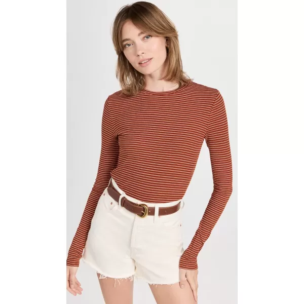 Vince Womens Rib Stripe Long Sleeve CrewCinnamon Blanc