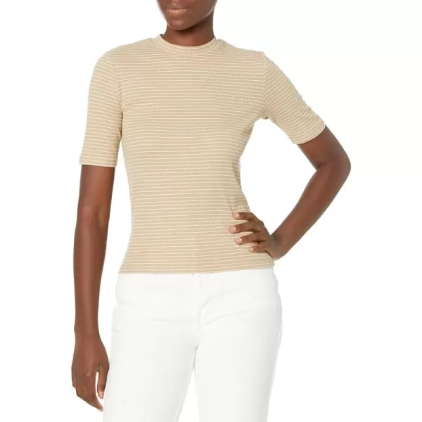 Vince Womens Rib Stripe Elbow SLV CrewPale Nut Blanc