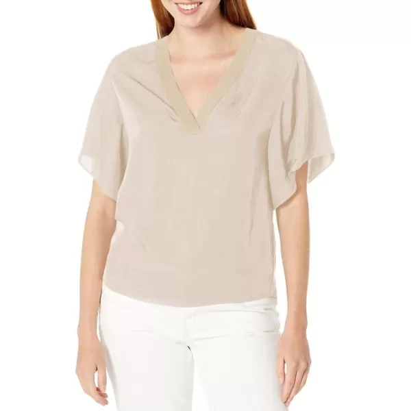 Vince Womens Rib Trim Dbl VNeck SS TeePale Fawn