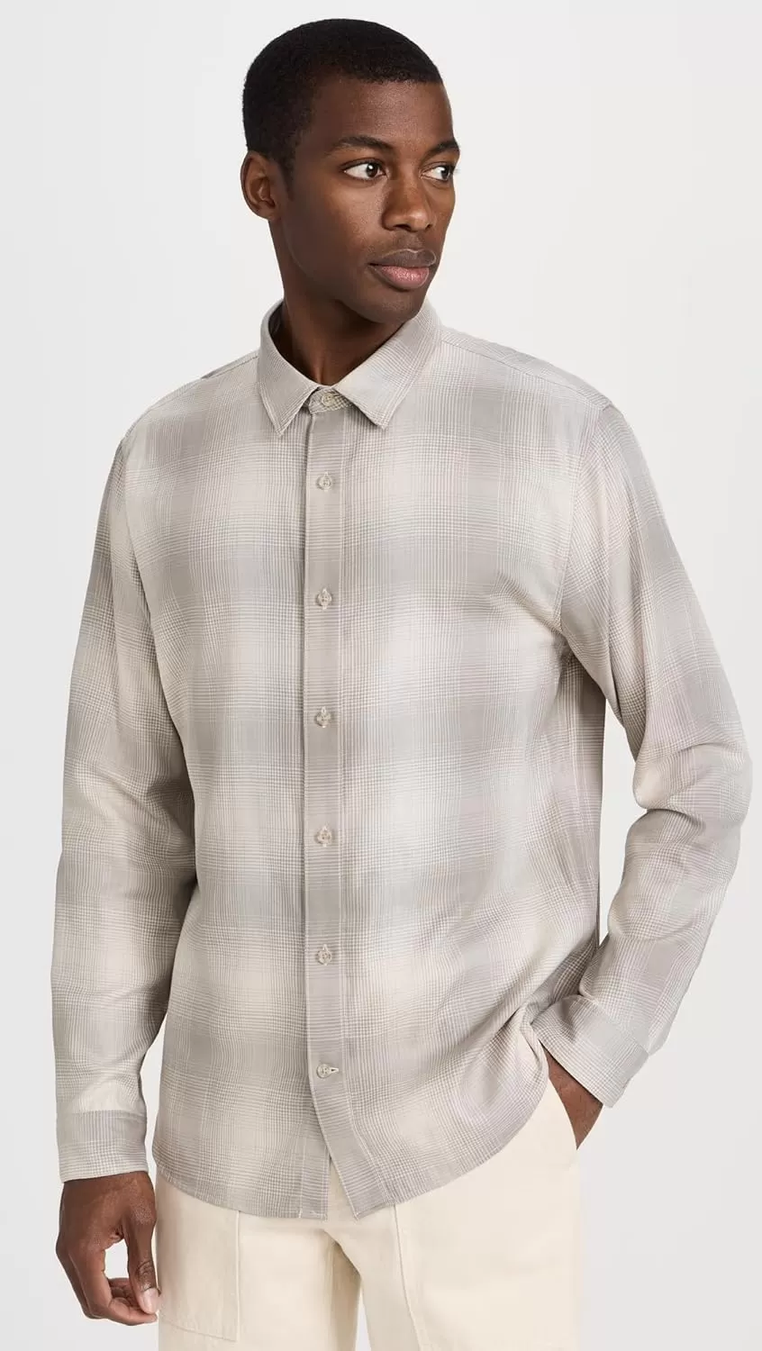 imageVince Mens Forest Shadow Plaid ShirtStone BeachDune Grey