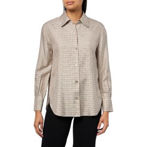 imageVince Womens Micro Check Placed Smocked Long Sleeve ShirtTaupe Multi