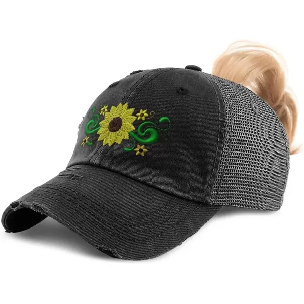 imageCustom Womens Ponytail Cap Plant Nature Sunflower Border Embroidery CottonBlack Design Only
