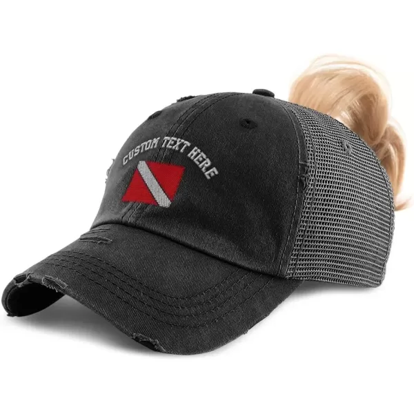imageCustom Womens Ponytail Cap Sport Scuba Diving Flag Embroidery CottonBlack Personalized Text Here