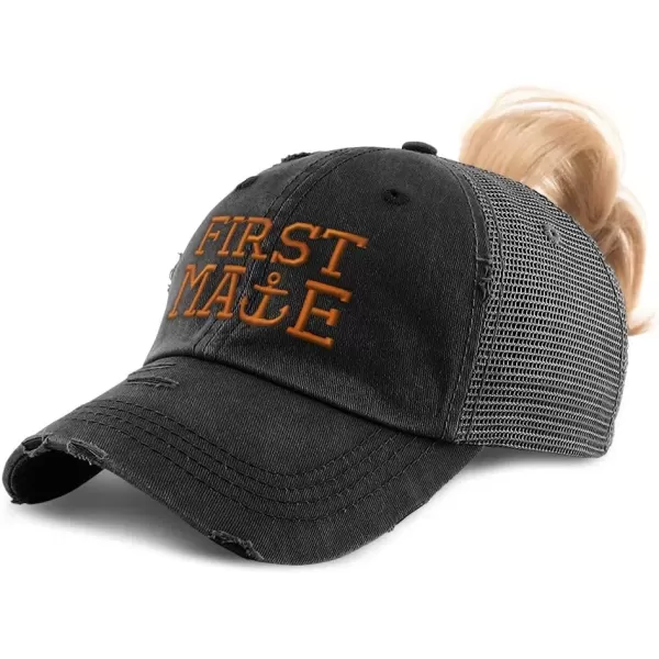 imageWomens Ponytail Cap First Mate Boat Ship Orange Embroidery Cotton Strap ClosureBlack