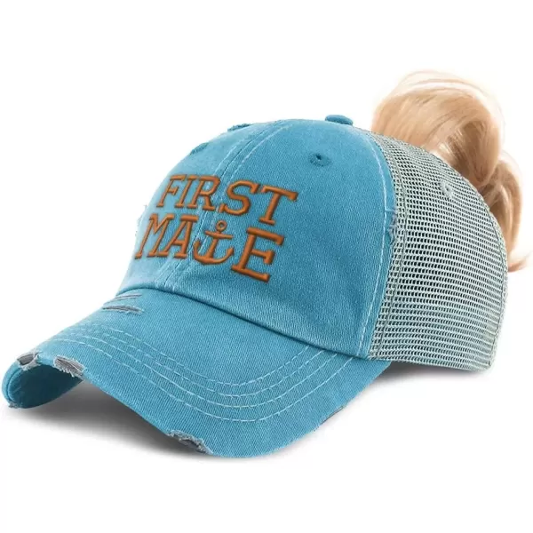 imageWomens Ponytail Cap First Mate Boat Ship Orange Embroidery Cotton Strap ClosureTurquoise