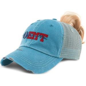 imageCustom Womens Ponytail Cap EMT Paramedic Embroidery Distressed Trucker HatsTurquoise Design Only