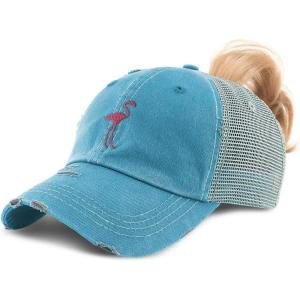 imageCustom Womens Ponytail Cap Flamingo A Embroidery Cotton Strap ClosureTurquoise Design Only