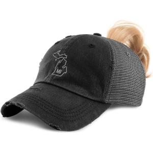imageCustom Womens Ponytail Cap Michigan State Map Mi Embroidery Cotton Strap ClosureBlack Design Only