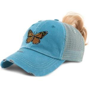 imageCustom Womens Ponytail Cap Monarch Butterfly Embroidery Cotton Strap ClosureTurquoise Design Only