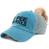 imageCustom Womens Ponytail Cap I Pee in Pools A Embroidery Distressed Trucker HatsTurquoise Design Only