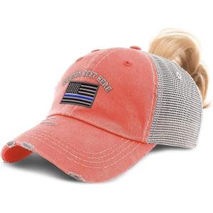 imageCustom Womens Ponytail Cap American Flag Thin Blue Line Embroidery CottonCoral Personalized Text Here