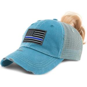 imageCustom Womens Ponytail Cap American Flag Thin Blue Line Embroidery CottonTurquoise Design Only