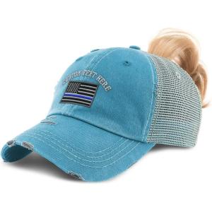 imageCustom Womens Ponytail Cap American Flag Thin Blue Line Embroidery CottonTurquoise Personalized Text Here