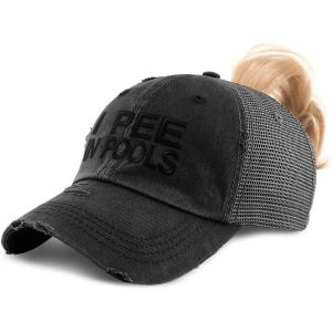 imageCustom Womens Ponytail Cap I Pee in Pools A Embroidery Distressed Trucker HatsBlack Design Only