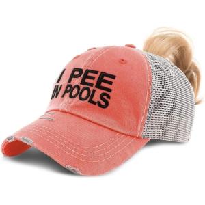 imageCustom Womens Ponytail Cap I Pee in Pools A Embroidery Distressed Trucker HatsCoral Design Only