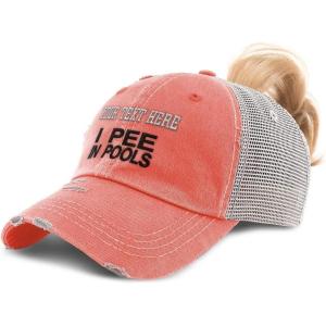 imageCustom Womens Ponytail Cap I Pee in Pools A Embroidery Distressed Trucker HatsCoral Personalized Text Here