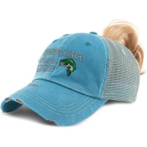 imageSpeedy Pros Womens Ponytail Cap Fishing Hair Dont Care Embroidery Distressed Trucker HatsTurquoise