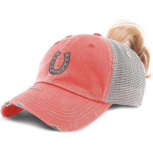 imageSpeedy Pros Womens Ponytail Cap Western Farm Horse Shoe Distressed Trucker HatsCoral Design Only