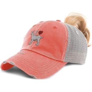 imageWomens Ponytail Cap I Love Heart Goats Embroidery Cotton Distressed Trucker HatsCoral