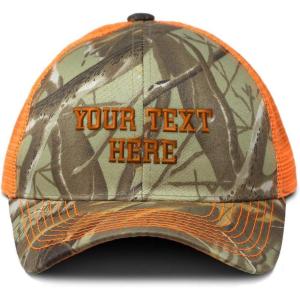 imagePersonalize Your Custom Text On Camo Mesh Trucker Hat Cotton Neon Hunting Baseball Cap Strap Closure Orange Camo