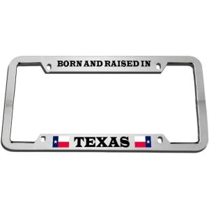 imageSpeedy Pros Born ampamp Raised in Texas Zinc Metal License Plate Frame Car Auto Tag Holder Chrome 4 Holes