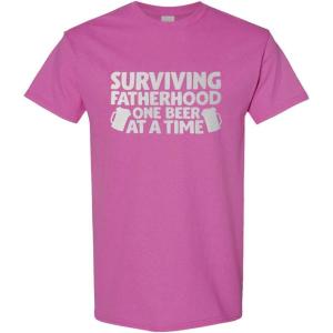 imageFunny Graphic T Shirts Surviving Fatherhood 1 Beer at A Time Dad Cotton TopHot Pink