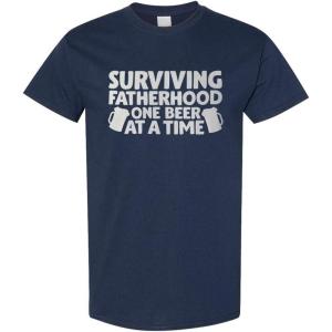 imageFunny Graphic T Shirts Surviving Fatherhood 1 Beer at A Time Dad Cotton TopNavy