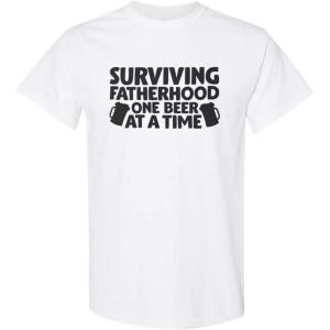 imageFunny Graphic T Shirts Surviving Fatherhood 1 Beer at A Time Dad Cotton TopWhite