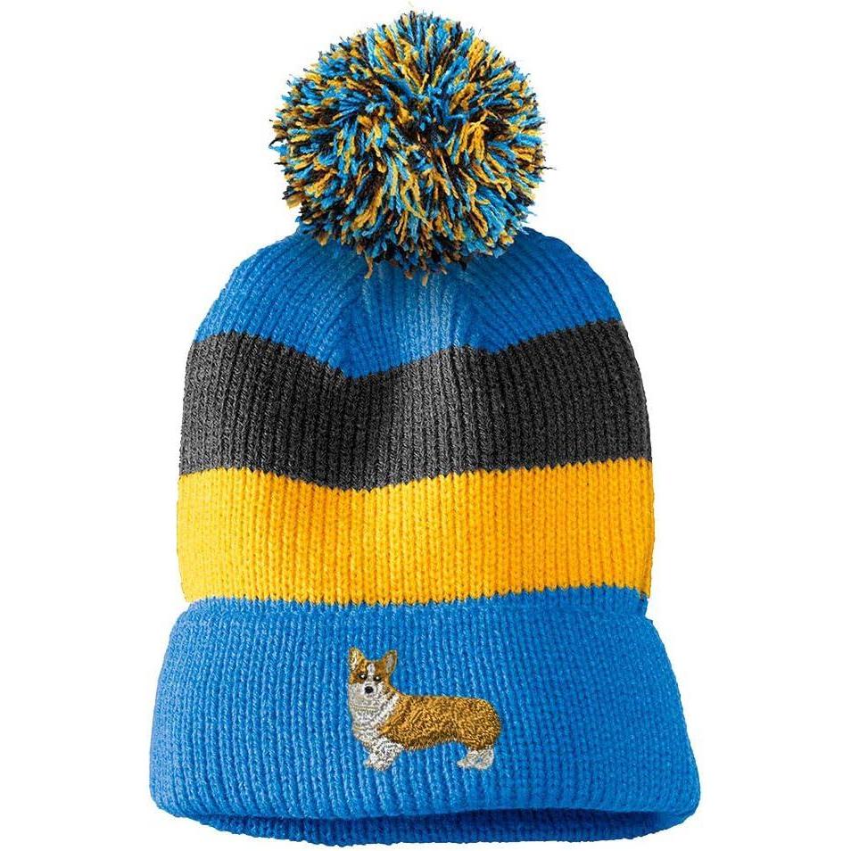 imageCustom Vintage Pom Pom Beanie Pembroke Welsh Corgi Dog B Embroidery Acrylic Skull Cap Hat for Men ampamp Women Light Blue Stripes Design Only