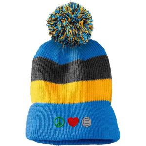 imageCustom Vintage Pom Pom Beanie Peace Love Volleyball Embroidery AcrylicLight Blue Stripes
