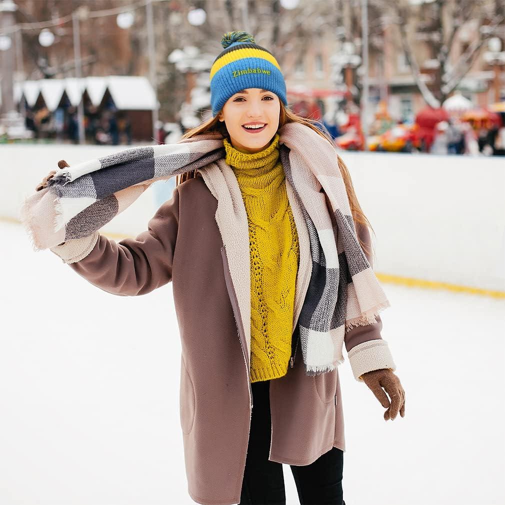 imageVintage Pom Pom Beanie Zimbabwe Love Winter Hats Acrylic Skull Cap Hat for Men ampamp Women 1 Size Light Blue Stripes