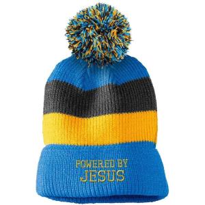 imageCustom Vintage Pom Pom Beanie Letters Powered by Jesus Embroidery Acrylic Skull Cap Hat for Men ampamp Women Light Blue Stripes Design Only