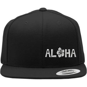 imageSnapback Flat Bill Left Side Panel Aloha Sky White Hibiscus Embroidery AcrylicBlack