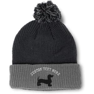imagePom Pom Beanies for Women Dachshund Dog Black Silhouette Embroidery Skull Cap Winter Hats for Men 1 SizeBlack Grey Personalized Text Here