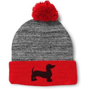imagePom Pom Beanies for Women Dachshund Dog Black Silhouette Embroidery Skull Cap Winter Hats for Men 1 SizeHeather Gray Red Design Only