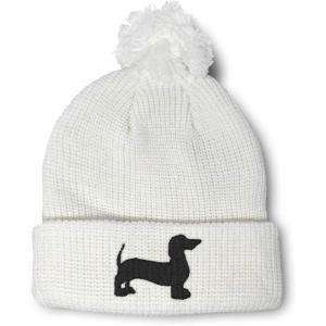 imagePom Pom Beanies for Women Dachshund Dog Black Silhouette Embroidery Skull Cap Winter Hats for Men 1 SizeWhite Design Only