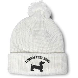 imagePom Pom Beanies for Women Dachshund Dog Black Silhouette Embroidery Skull Cap Winter Hats for Men 1 SizeWhite Personalized Text Here