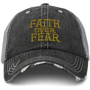 imageDistressed Trucker Hat Faith Over Fear Embroidery for Men ampamp Women Black Gray