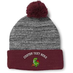 imagePom Pom Beanies for Women TRex Dinosaur Embroidery Skull Cap Children Winter Hats for Men Acrylic 1 SizeHeather Gray Burgundy Personalized Text Here