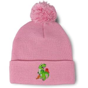 imagePom Pom Beanies for Women TRex Dinosaur Embroidery Skull Cap Children Winter Hats for Men Acrylic 1 SizeSoft Pink Design Only