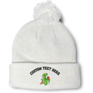 imagePom Pom Beanies for Women TRex Dinosaur Embroidery Skull Cap Children Winter Hats for Men Acrylic 1 SizeWhite Personalized Text Here