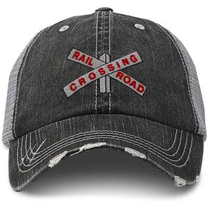 imageSpeedy Pros Distressed Trucker Hat Railroad Crossing Embroidery for Men ampamp Women Black Gray