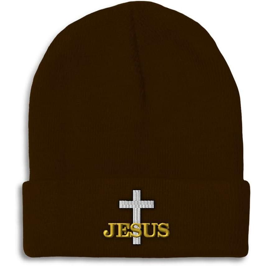 imageCustom Beanies for Men Christian Cross Jesus Embroidery Winter Hats for Women Acrylic Skull Cap 1 SizeBrown Design Only