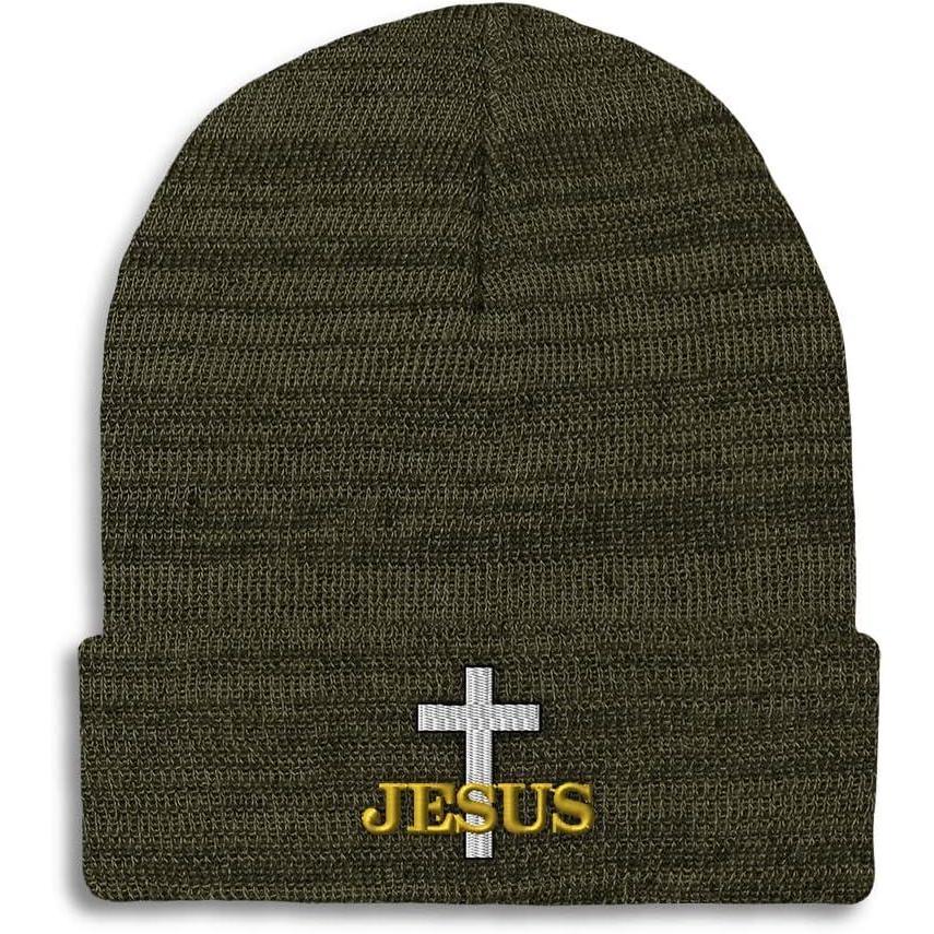 imageCustom Beanies for Men Christian Cross Jesus Embroidery Winter Hats for Women Acrylic Skull Cap 1 SizeHeather Olive Green Design Only