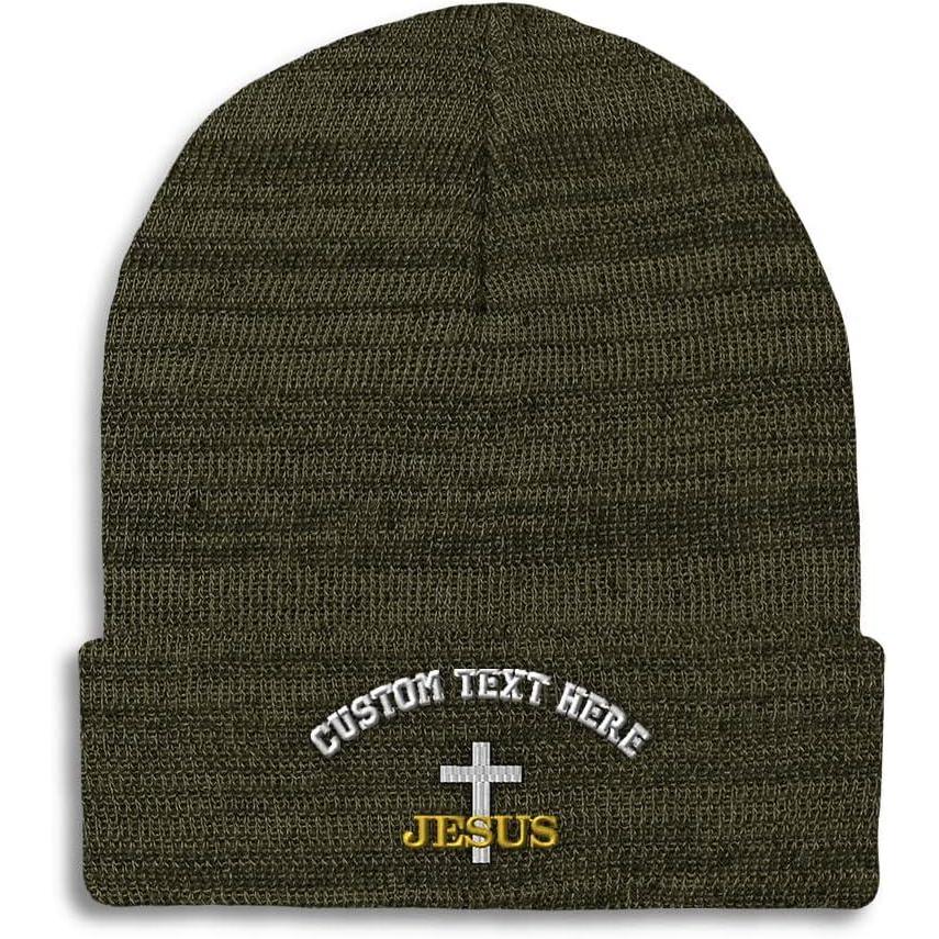 imageCustom Beanies for Men Christian Cross Jesus Embroidery Winter Hats for Women Acrylic Skull Cap 1 SizeHeather Olive Green Personalized Text Here