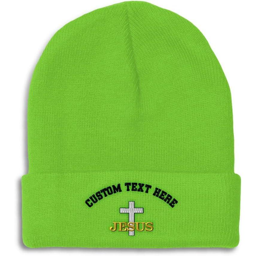 imageCustom Beanies for Men Christian Cross Jesus Embroidery Winter Hats for Women Acrylic Skull Cap 1 SizeLime Personalized Text Here