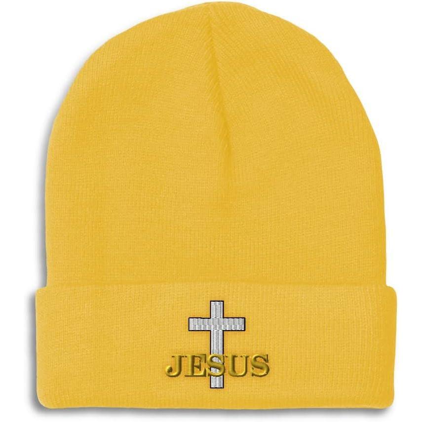 imageCustom Beanies for Men Christian Cross Jesus Embroidery Winter Hats for Women Acrylic Skull Cap 1 SizeYellow Design Only