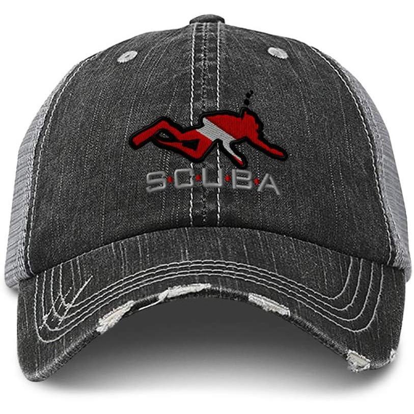 imageCustom Distressed Trucker Hat Sport Scuba Diving Diver Flag Embroidery CottonBlack Gray Design Only